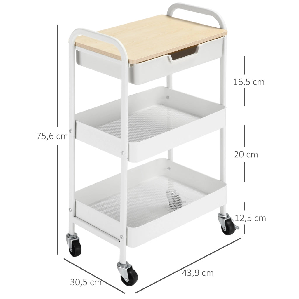 Carrello Multiuso con Cassetto e Cestini ¨C Minimal ¨C 44x31x76 cm Bianco
