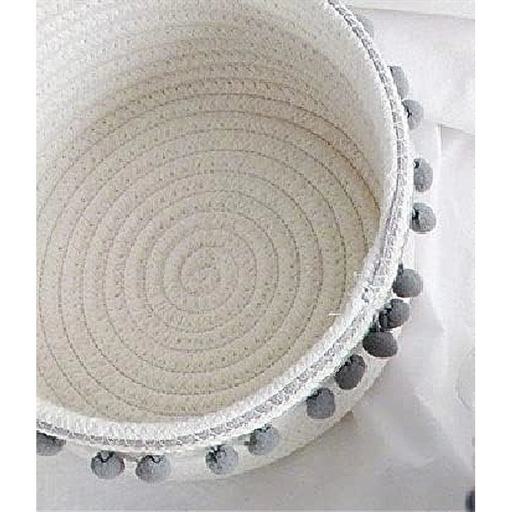 Trade Shop - Cesto Porta Oggetti Per Biancheria In Corda Pon Pon Grigi Cestino 30x14 Cm 10671 -