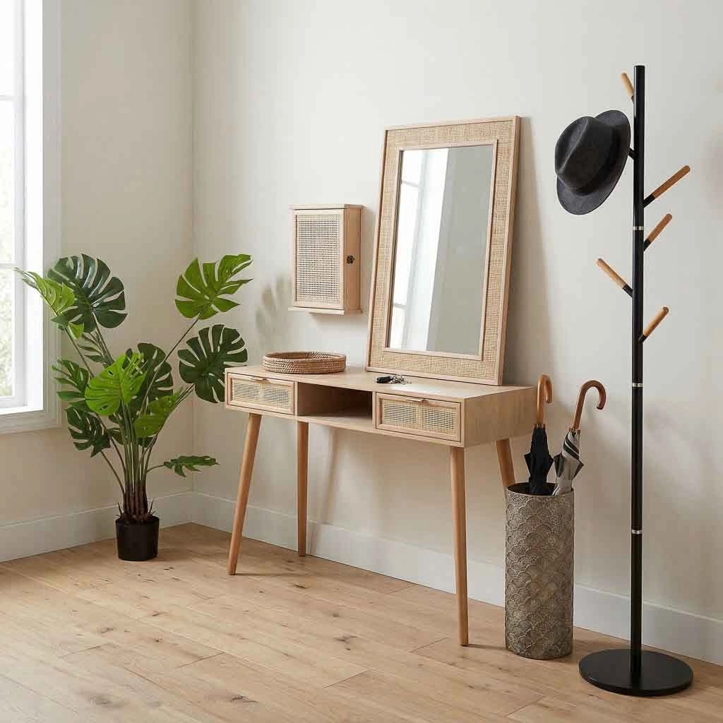 Perchero de metal y madera negro 175h cm