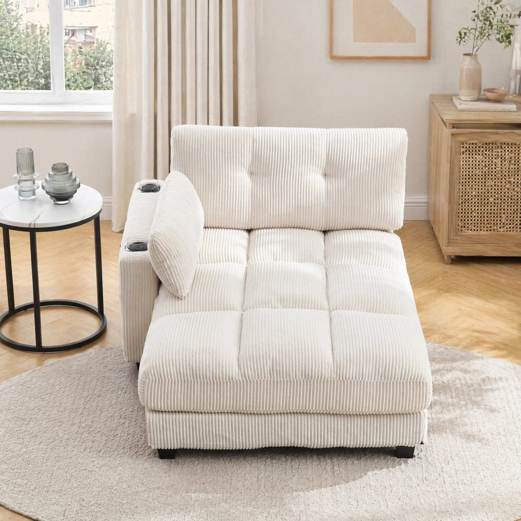 Poltrona relax in corduroy con USB; portabicchieri e tasche laterali; beige 140x112x81 cm