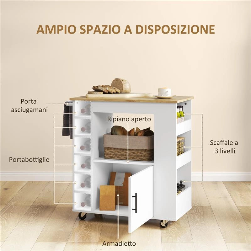CARRELLO DA CUCINA CON RUOTE RIPIANI ARMADIETTO E PORTABOTTIGLIE 83X40X83 CM ROVERE E BIANCO