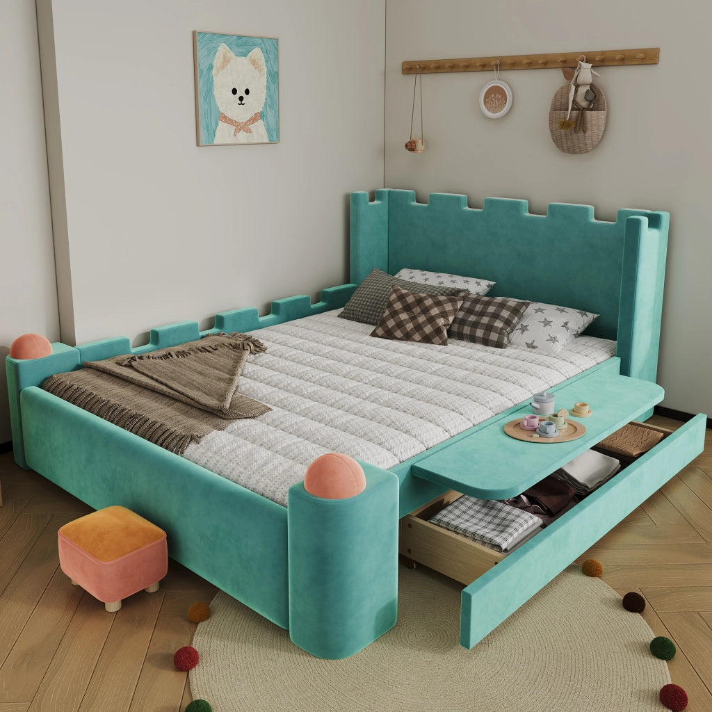Letto con cassetti 140 × 200 cm con ripiano laterale pieghevole; design a castello; velluto francese blu-verde