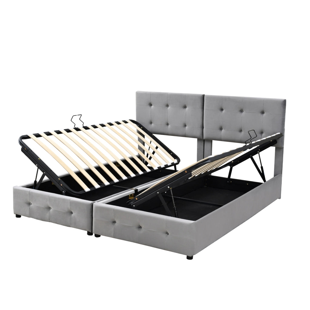 Letto imbottito idraulico 180x200 cm con contenitore, trasformabile in 2 letti singoli, in velluto grigio