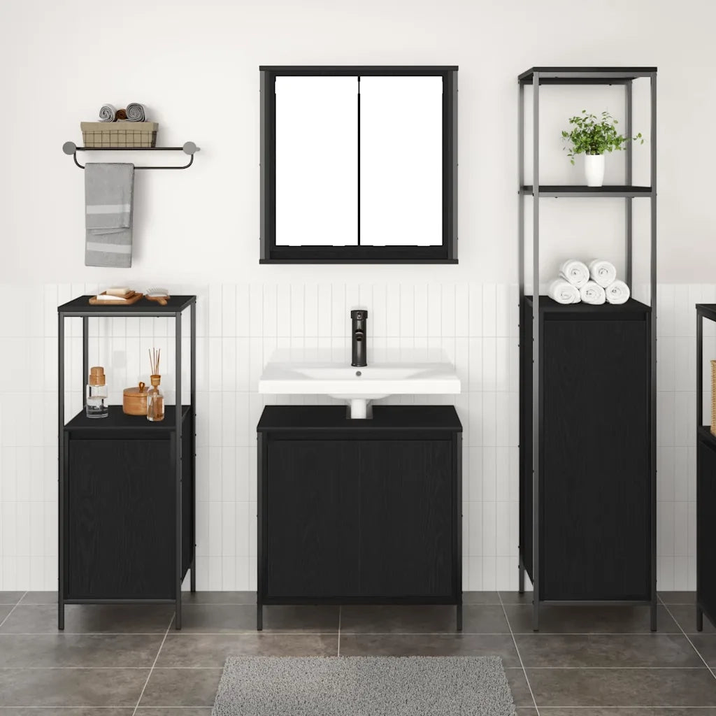 Set di mobili per il Bagno | Armadio da bagno 3 pz Rovere Nero Legno multistrato