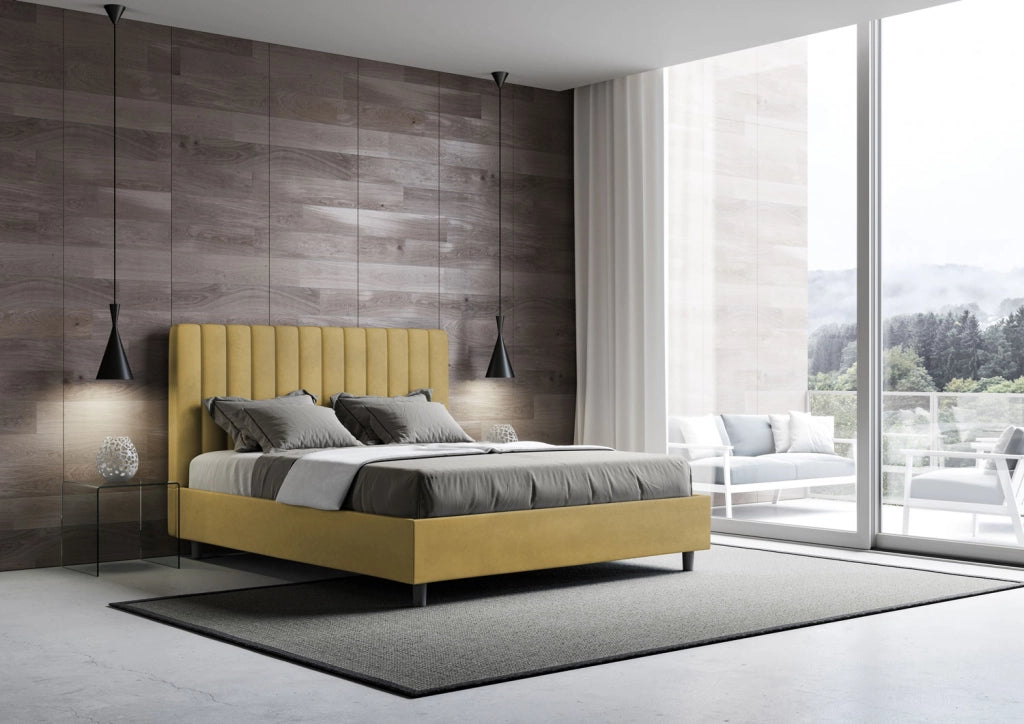 BS COM Letto matrimoniale francese con rete imbottito 140x210 microfibra ocra