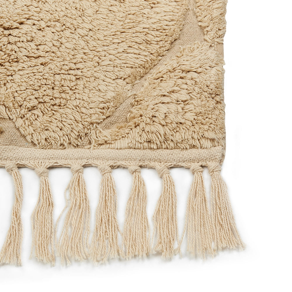 Tappeto beige in cotone trapuntato motivo geometrico con nappe 80 x 150 cm stile boho soggiorno camera da letto