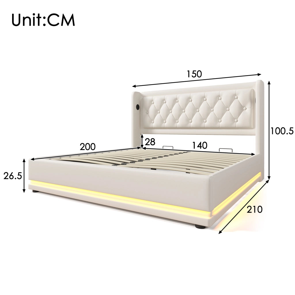 LETTO matrimoniale 140x200 cm in PU bianco con materasso e LED