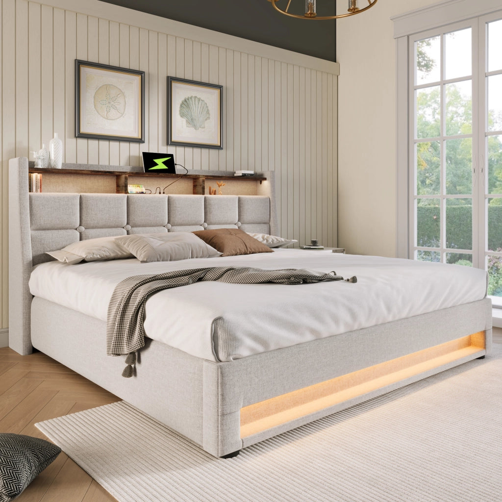 LETTO Imbottito 140x200 cm Beige con USB, LED e rete sollevabile