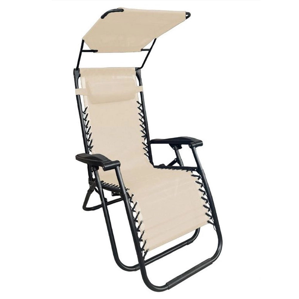 Trade Shop - Sedia Sdraio Con Parasole In Textilene Reclinabile Pieghevole Con Poggiatesta 483015 - Beige