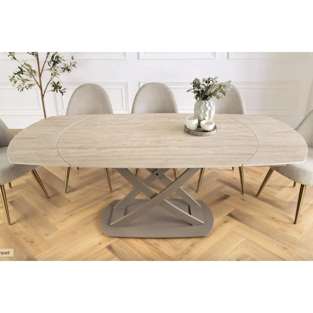 Table ATONIA – Ovale extensible de 130 à 190 cm – Piano in ceramica effetto marmo beige – Gambe in metallo – Stile moderno