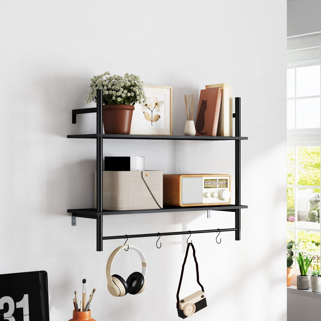 Scaffale a Parete 2 Livelli con 4 Ganci ¨C Minimal ¨C 80x24x65 cm Nero
