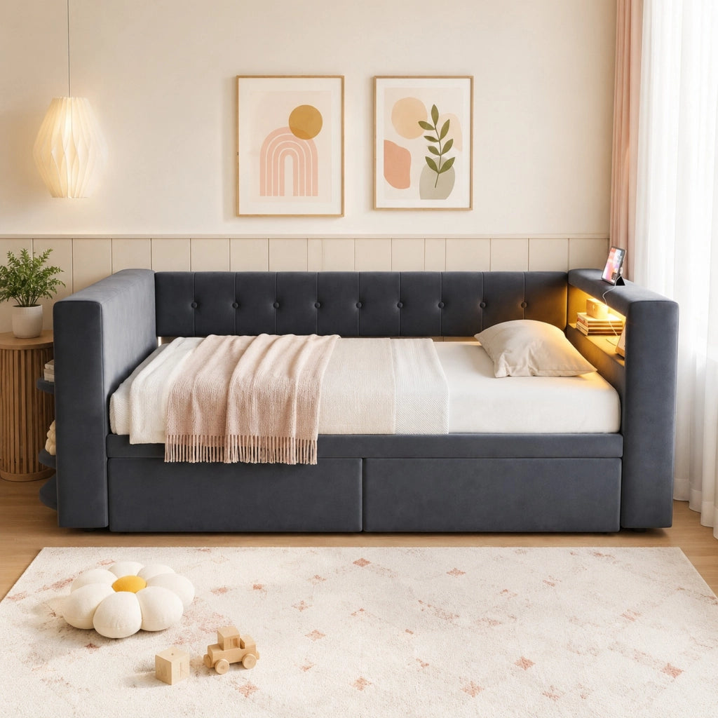 LETTO 90x190 cm con LED, prese e 2 cassetti, grigio scuro, flanella