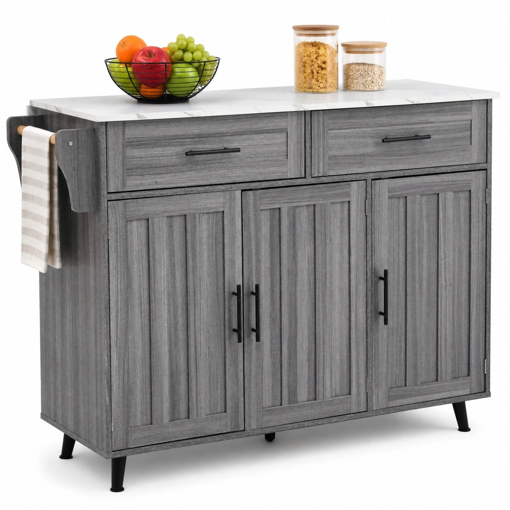 Carrello cucina con piano allungabile 129x46/71x91,5/95 cm, MDF grigio e bianco, con ruote e ripiani regolabili