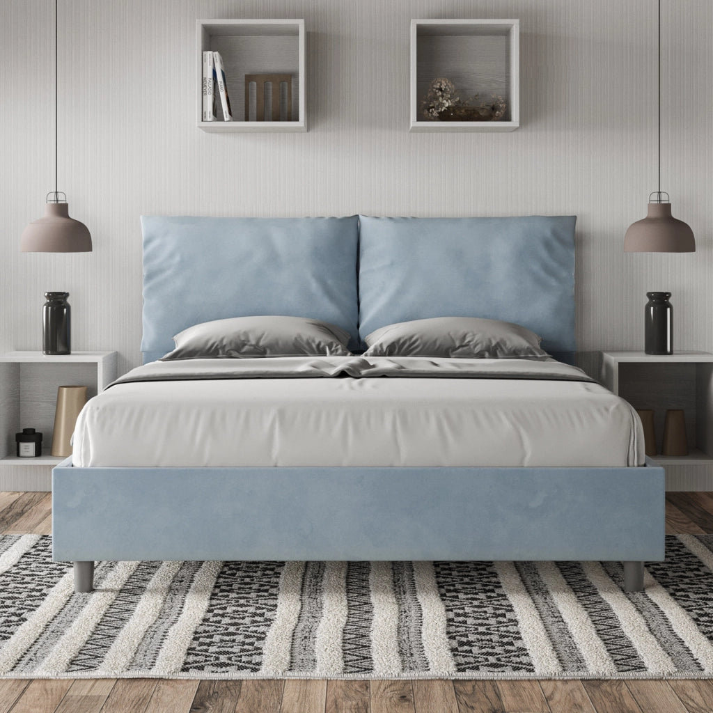 BS COM Letto matrimoniale contenitore imbottito 160x200 microfibra azzurro