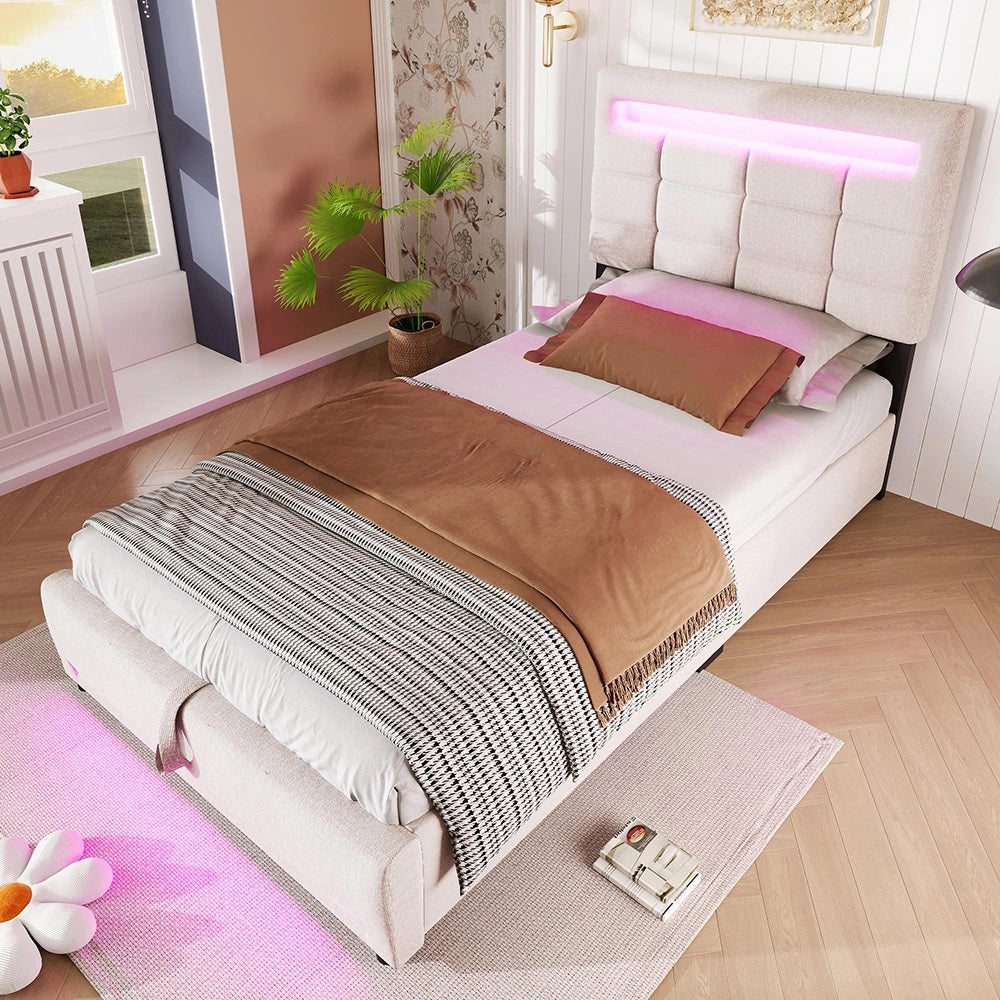 Letto imbottito - Xylo - 90x200 cm LED USB app comando beige