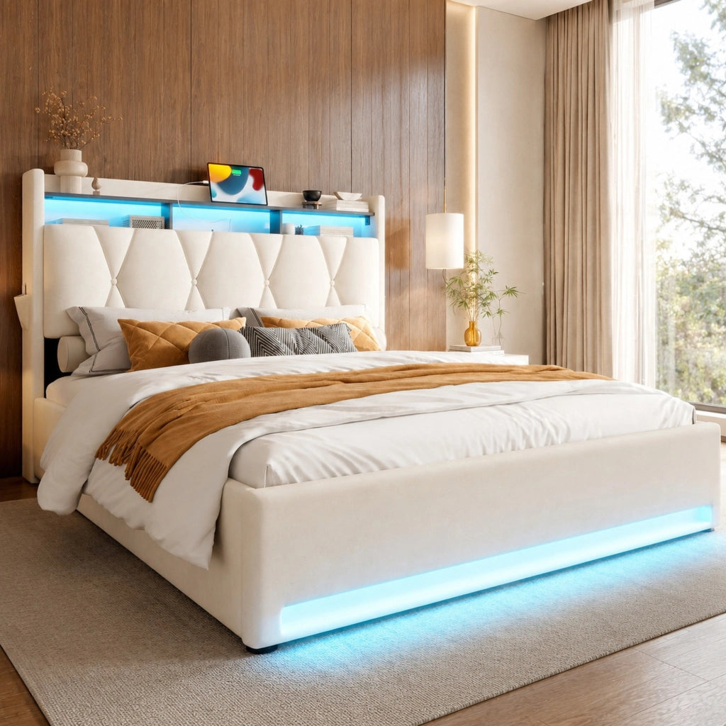 Letto matrimoniale 160x200 cm in velluto beige con LED; USB Type-C e contenitore