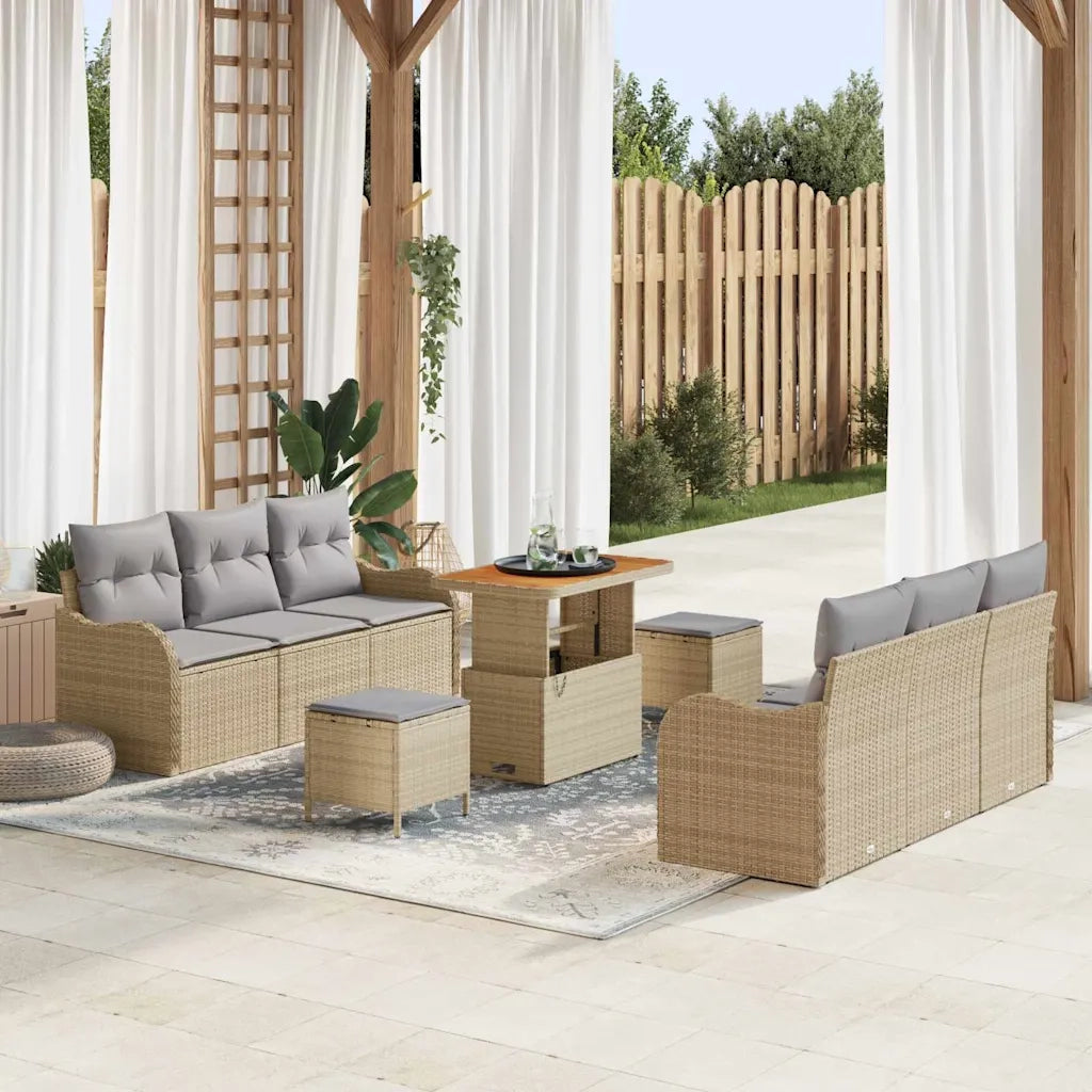 Set Divano da Giardino con cuscino 9 pcs Beige polyrattan