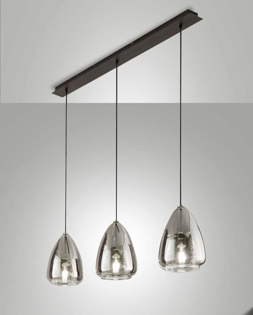 Britton Lampada a Sospensione in Metallo e Vetro Borosilicato Colore Fumé, Attacco E27 3x40W, Design Moderno ed Elegante per Interni IP20