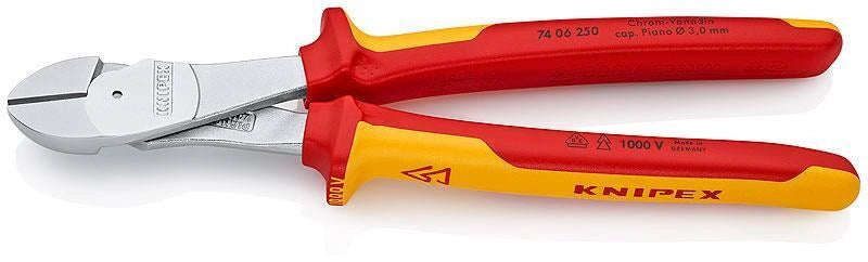 Knipex 74 06 250 Pinze diagonali ad alta leva VDE per filo duro e rame capacita' 4,6 mm acciaio cromo-vanadio temprato colore Arancione Rosso