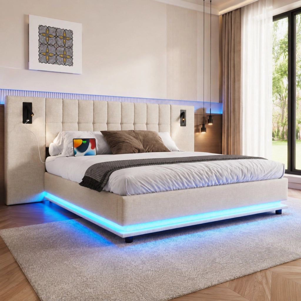 LETTO imbottito 180x200 cm Beige in lino con LED, USB e spot