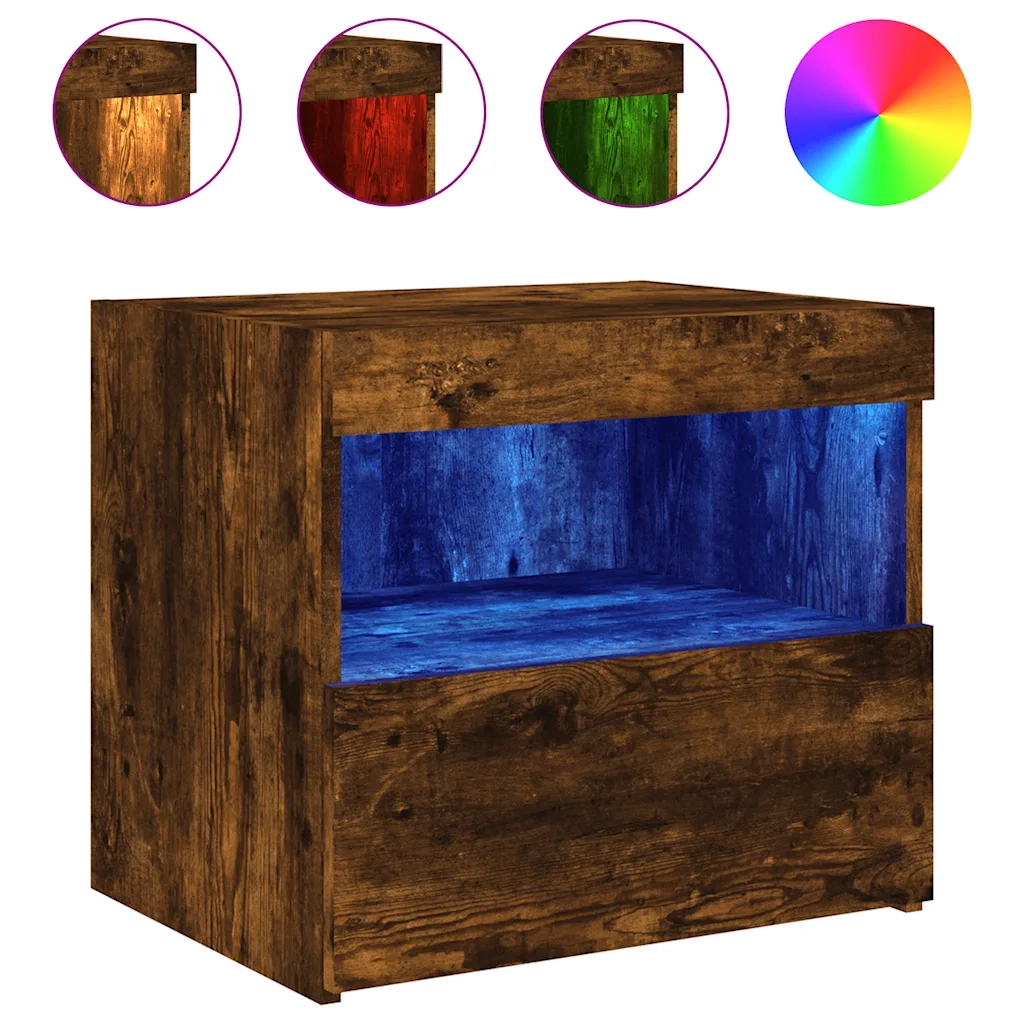 Set di 2 Comodini | Armadio da Notte | Mobiletto da notte con Luci LED Rovere Fumo 50x40x45 cm