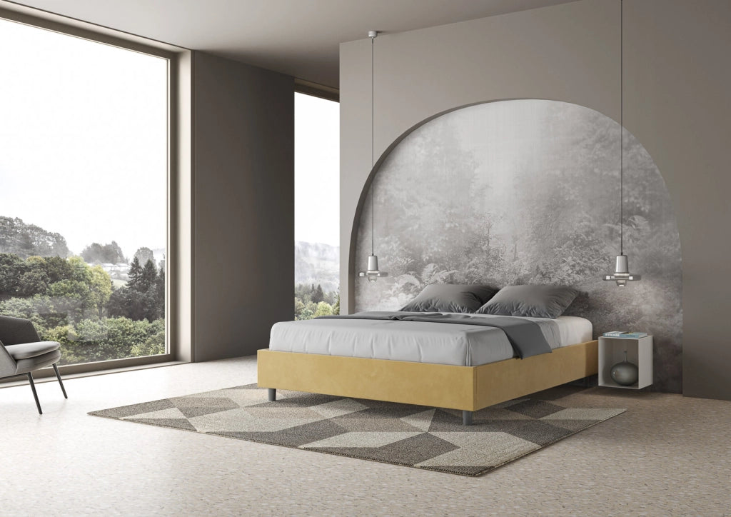 BS COM Letto matrimoniale francese contenitore imbottito 140x190 microfibra ocra