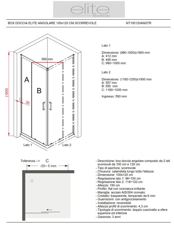BOX DOCCIA ELITE ANGOLARE 100x120 CM SCORREVOLE TRASPARENTE