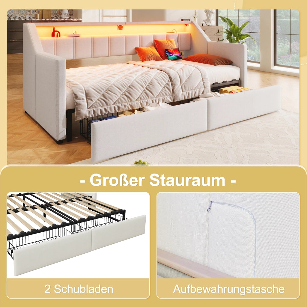 LETTO Estraibile 90x200 cm Beige in lino e MDF con USB e Type-C