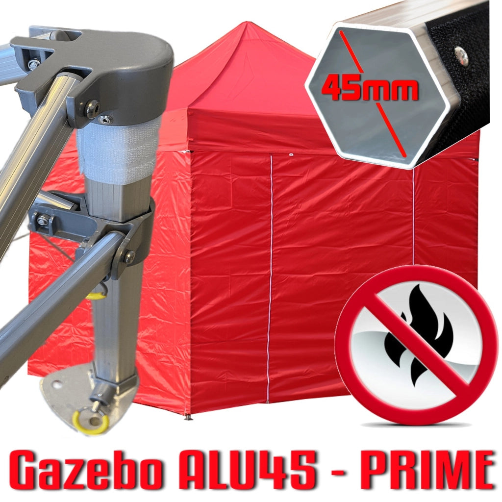 Gazebo 3x3 m rosso certificato IGNIFUGO pieghevole alluminio piantone esagonale 45mm portatile estendibile richiudibile estensibile acciaio con laterali per fiere eventi stand chiosco tenda tendone mercato mercatino