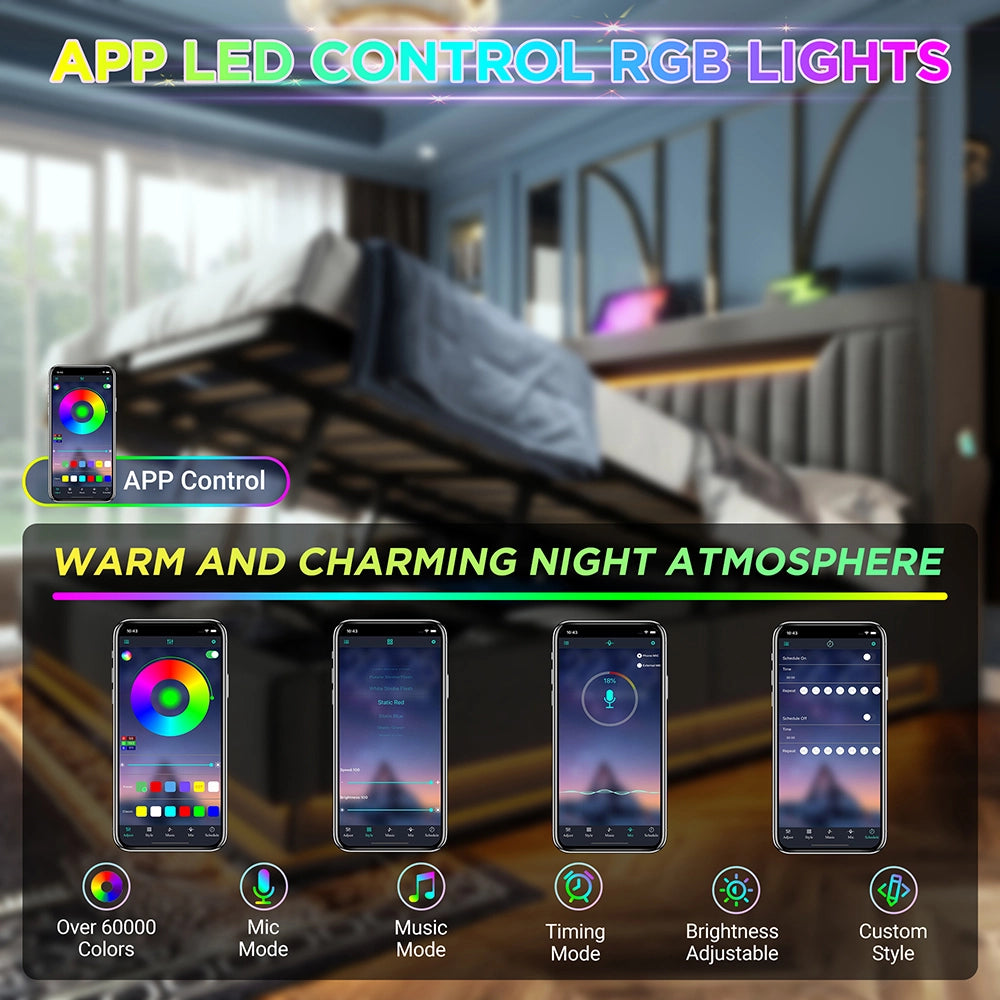 Letto matrimoniale-Xylo-140x200 cm-LED, USB-C, testiera, idraulico, lino, grigio