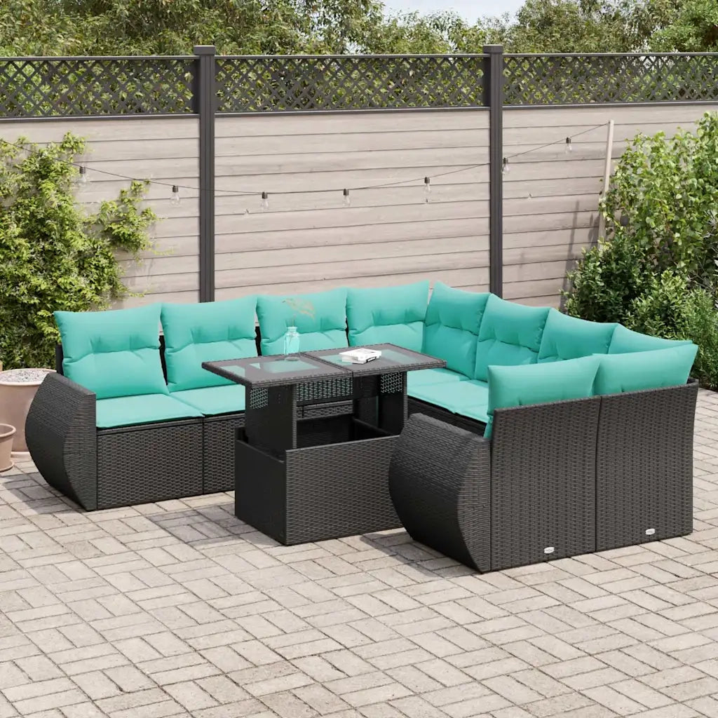 Set Divani da Giardino 9 pz con Cuscini Nero Polyrattan Acacia 3326608