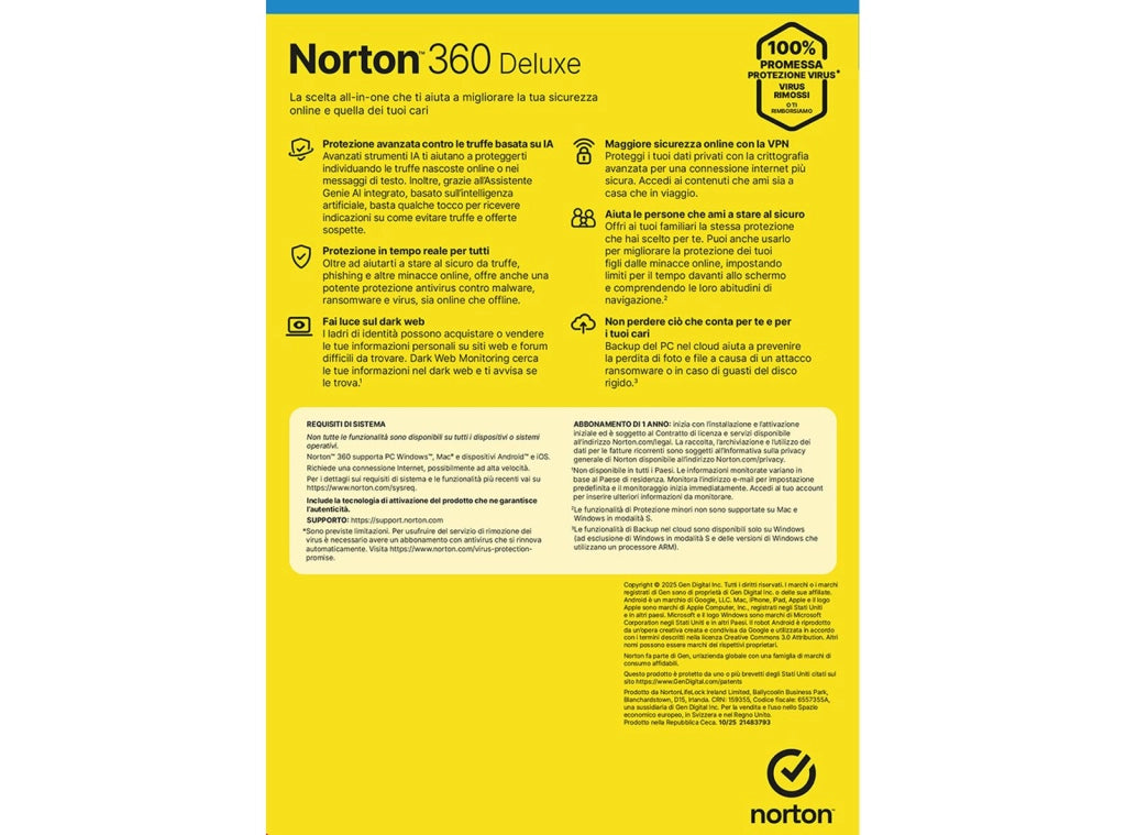Norton 360 Deluxe 2026 - Antivirus per 3 Dispositivi Licenza 1 Anno + 25GB Cloud