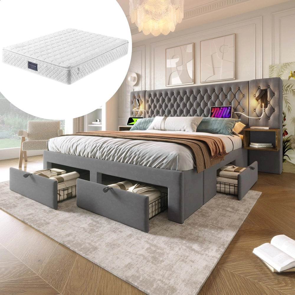 Letto Matrimoniale Imbottito con 2 Comodini e Cassetti, LED e USB ¨C MINIMAL ¨C Grigio Velluto 160x200