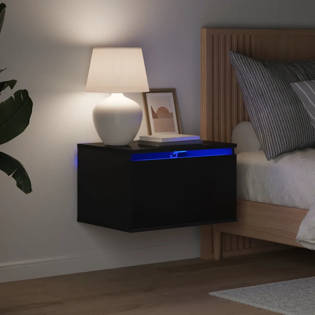 Comodino | Armadio da Notte | Mobiletto da notte a Parete con Luci LED Nero