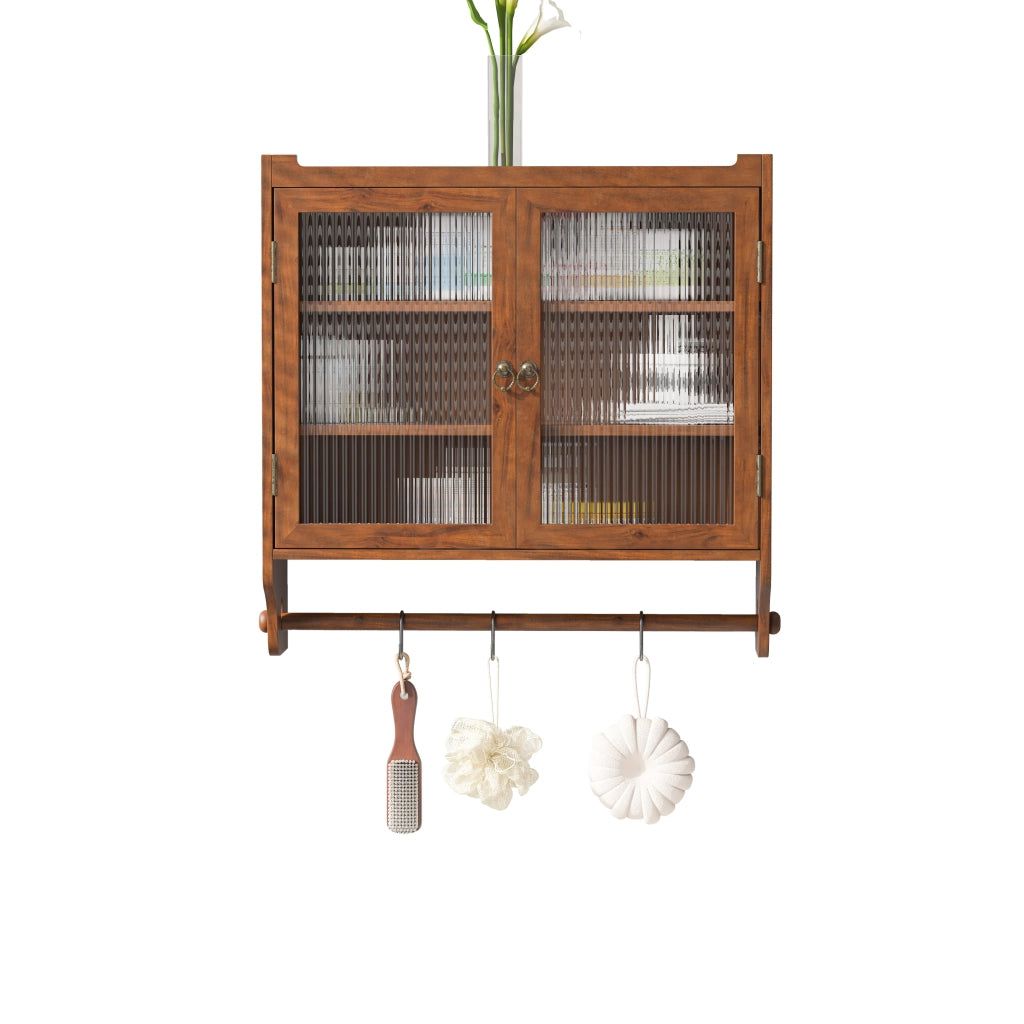 Pensile con 2 Ante; 3 Ripiani Rimovibili e Portaasciugamani per Bagno in Legno e Vetro 63×18×60 cm Marrone