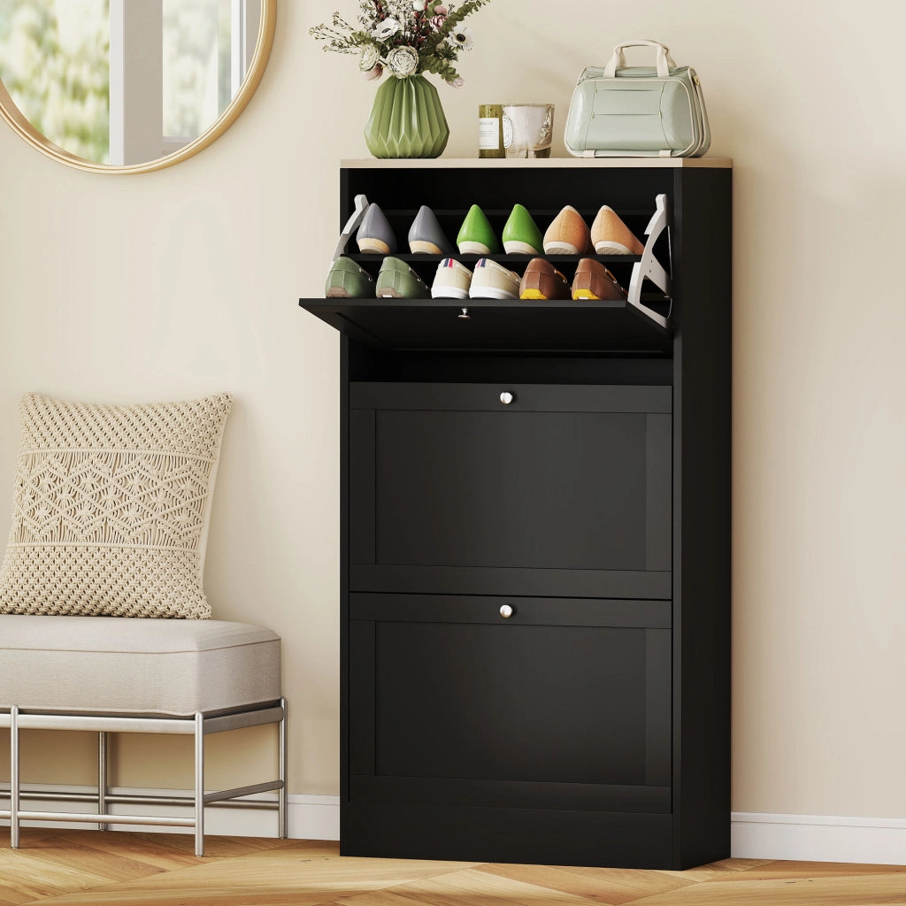 Scarpiera con Cassetti e Ripiani ¨C Minimal ¨C Nero 60x23,5x115 cm