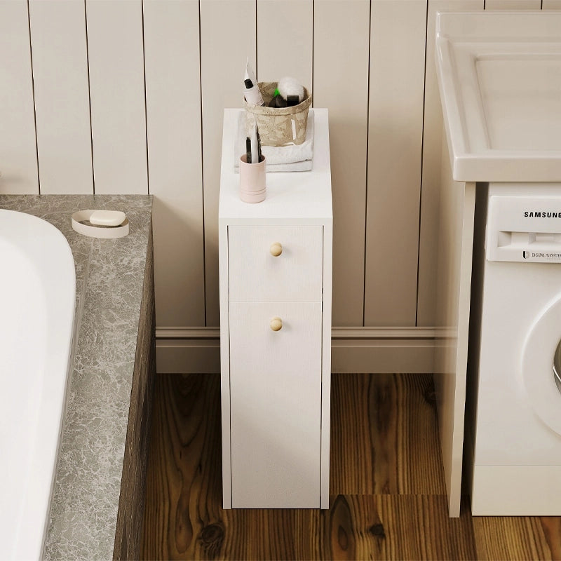 Mobiletto da bagno stretto con colonna, ripiano bianco e cassetti, design moderno
