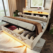 Letto Contenitore Imbottito Matrimoniale con LED e USB ¨C MINIMAL ¨C Beige 140x190