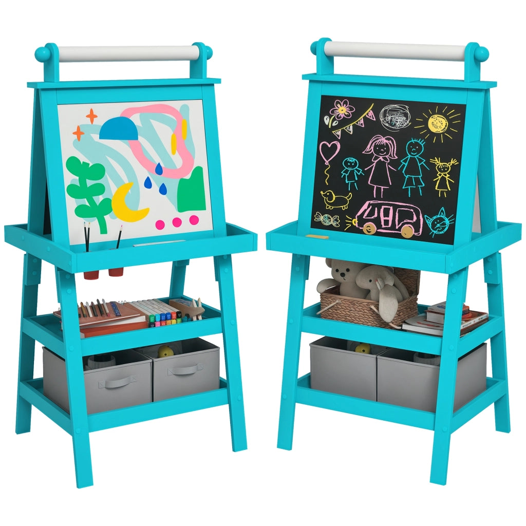 3 in 1 Kids Easel Double-Sided Magnetic Whiteboard and Chalkboard with Paper Roll, Storage Baskets - Blue