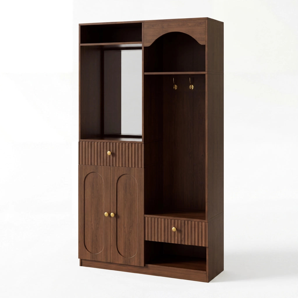 Mobile da ingresso, appendiabiti, con specchio e panca, 2 cassetti, 3 ganci, colore noce