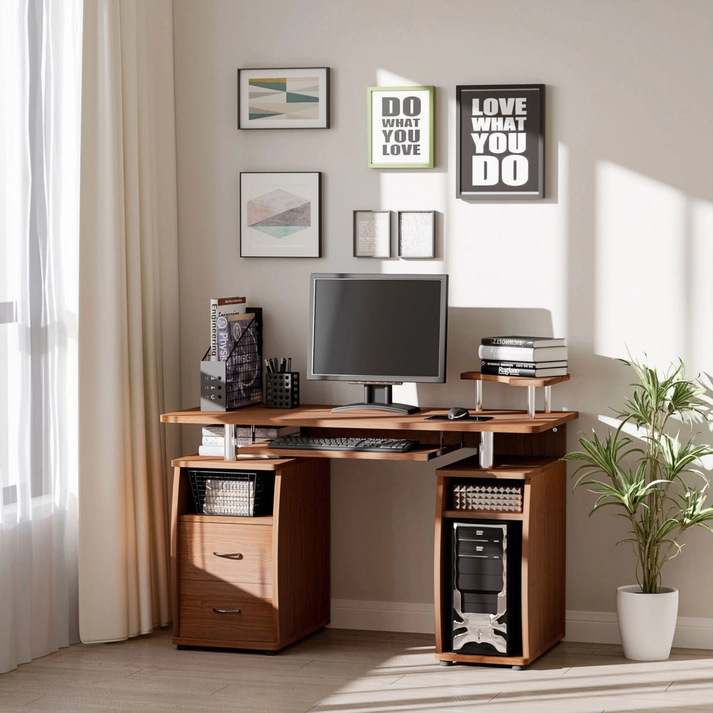 Scrivania per Computer con Cassetti e Libreria ¨C Minimal ¨C Marrone, Legno, 120x55x85cm