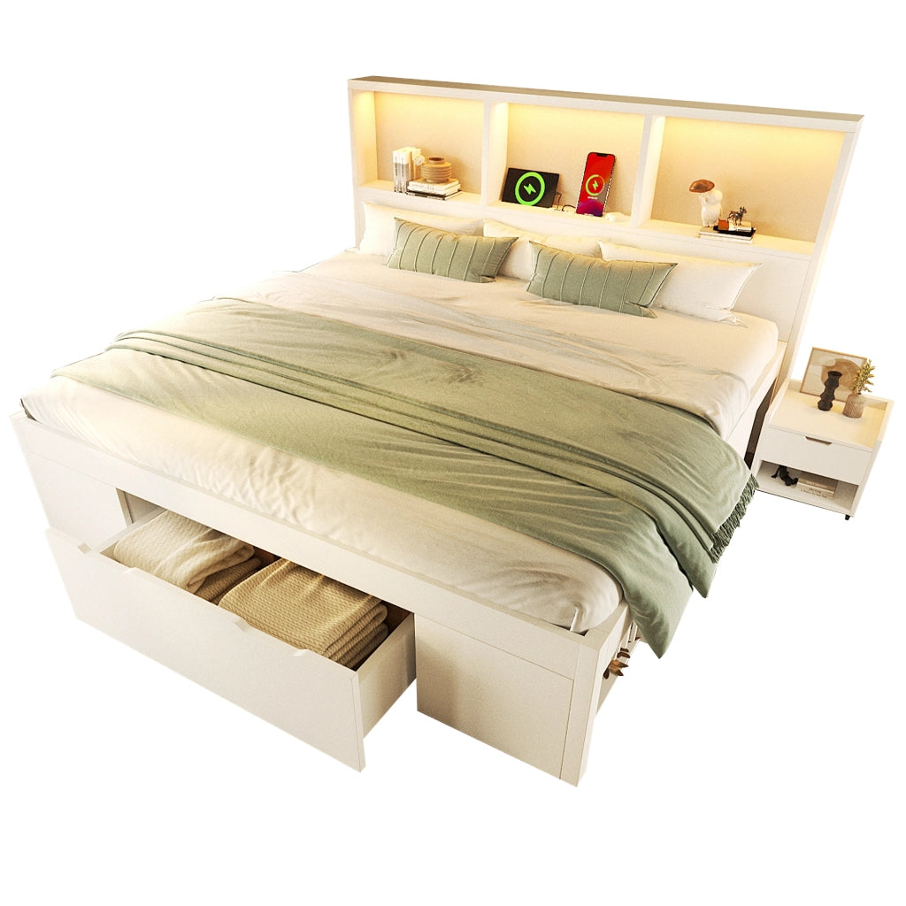 Letto funzionale con LED e USB-C - Zephmum- 140x190 cm- Bianco- Con cassetti e ripiani