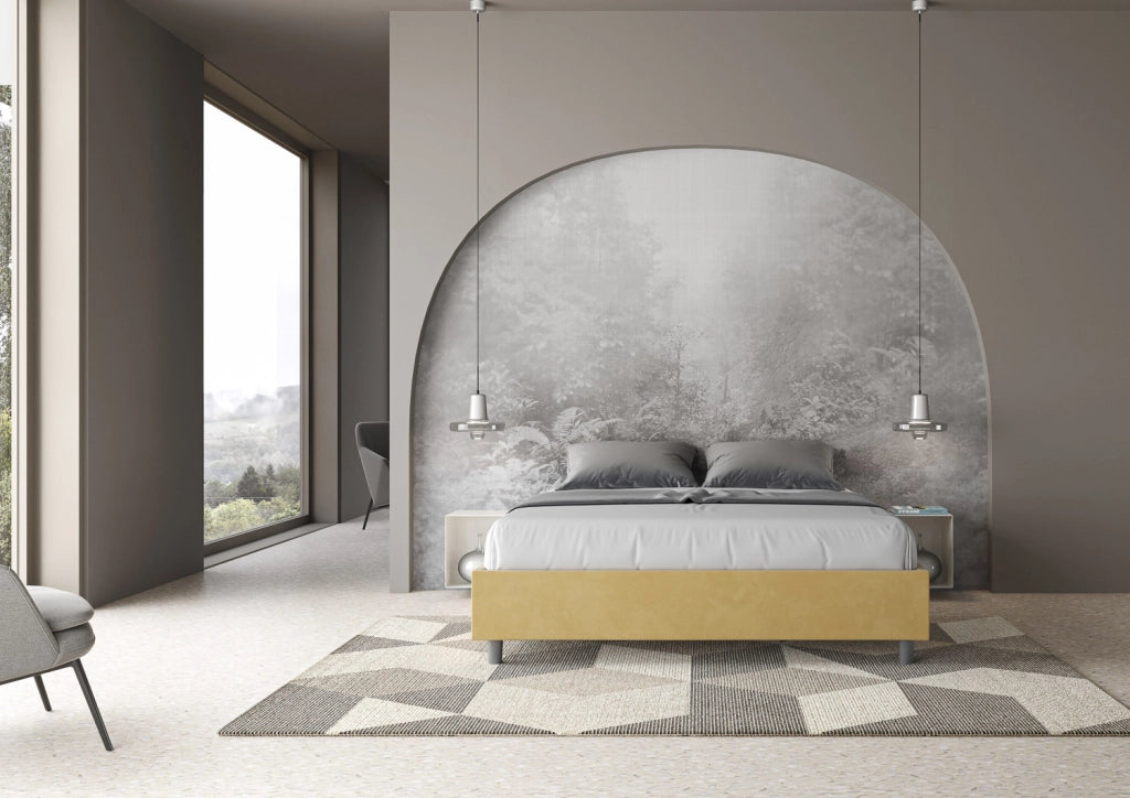 BS COM Letto matrimoniale francese contenitore imbottito 140x190 microfibra ocra