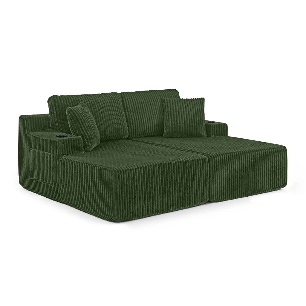 Divano Letto 2 Posti Relax ¨C MINIMAL ¨C Verde, Tessuto a Coste, con Cuscini e Portabicchieri