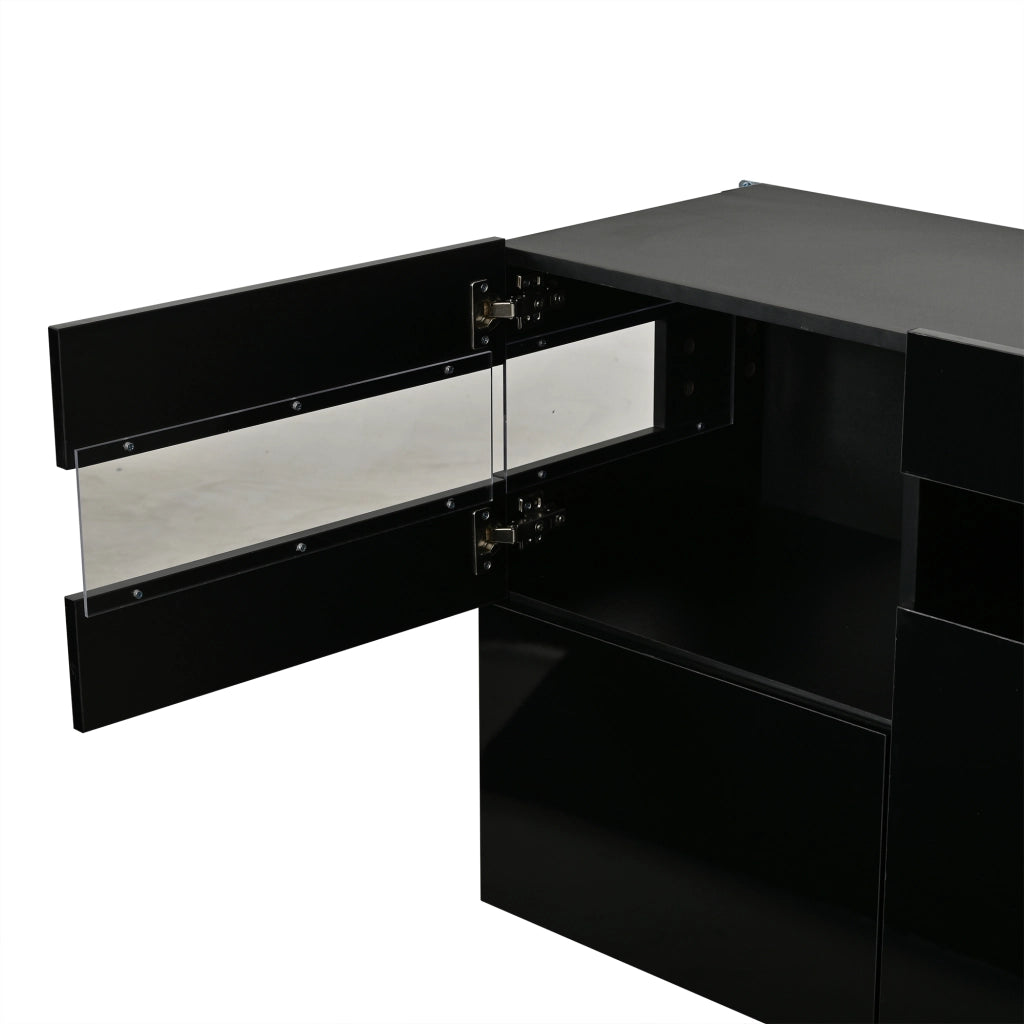 Credenza moderna nera con 3 ante, LED con app, finitura lucida e 7 vani