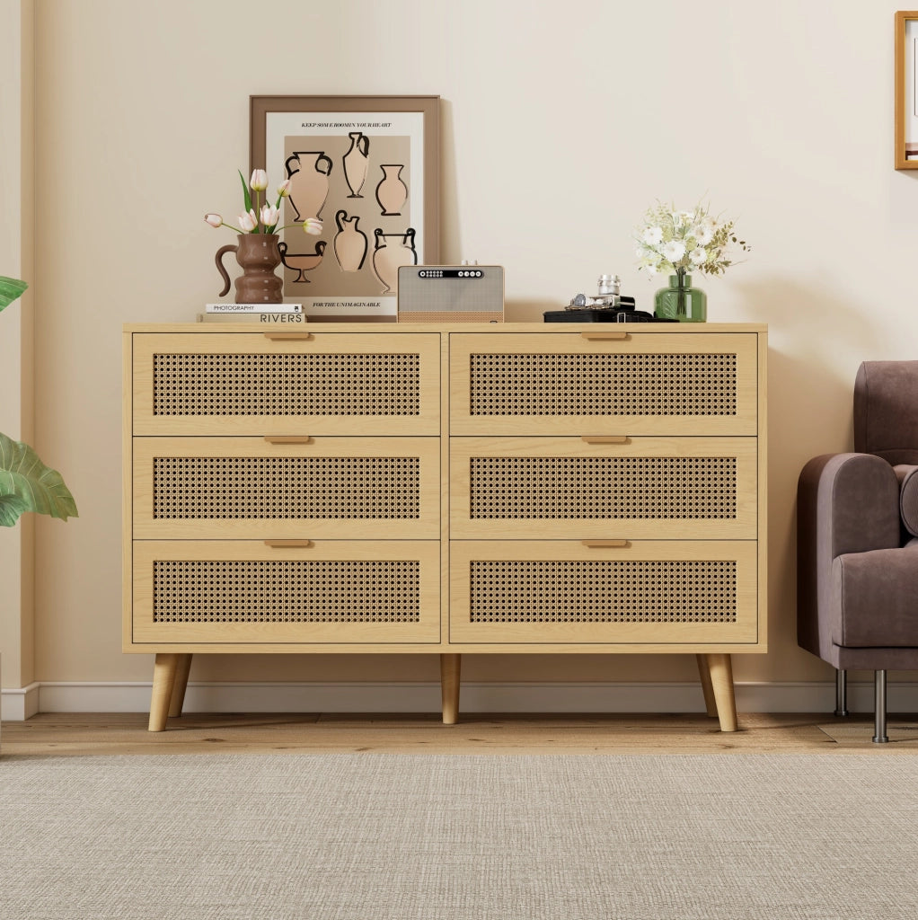 Cassettiera vintage con 6 cassetti 120x40x76;5 cm in truciolare effetto rovere