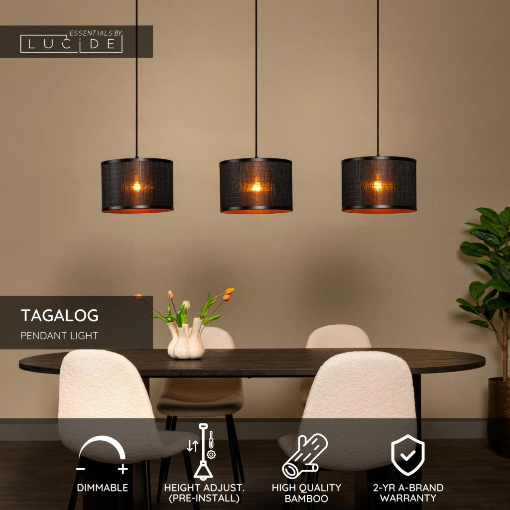 Lampada sospesa TAGALOG 3 luci E27 rattan nera Lucide
