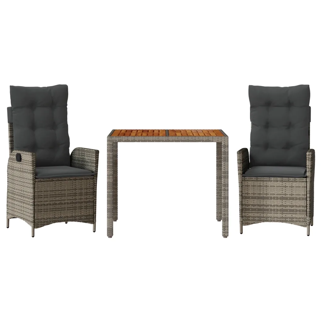 Set da Pranzo da Giardino 3 pz con Cuscini in Polyrattan Grigio