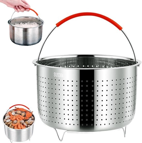 Accessorio per stufato, innesco in acciaio inossidabile 304 con maniglia in silicone, diametro esterno 21,6 cm, contenitore per cottura a vapore, per stufare verdure e uova, 6 l
