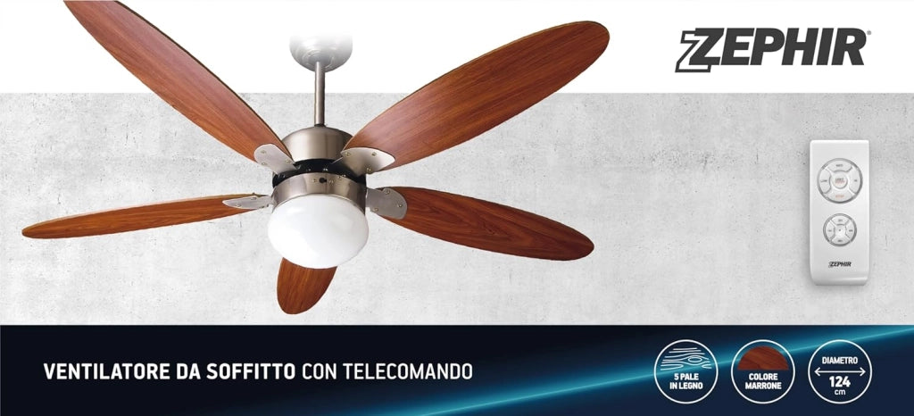 ZEPHIR Ventilatore da Soffitto con Telecomando e Luce E27 130 cm 5 Pale in Legno Marrone Reversibile con Timer 1-8h 3 Velocità 70W